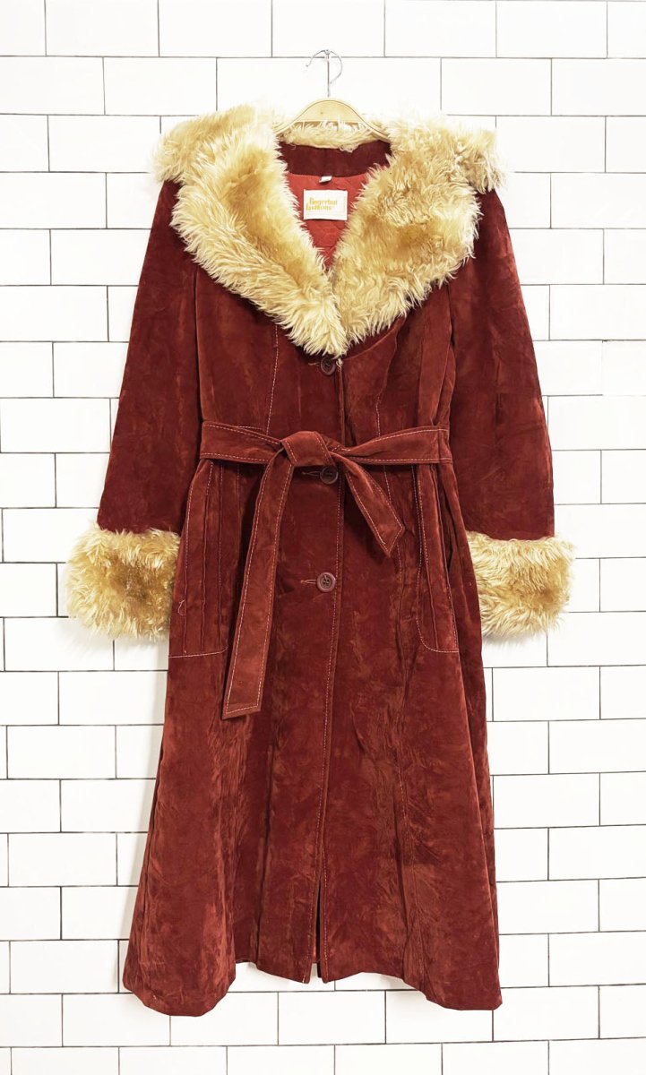 vintage 70s fingerhut fashion velvet penny lane coat | faux fur trim - good market thrift store