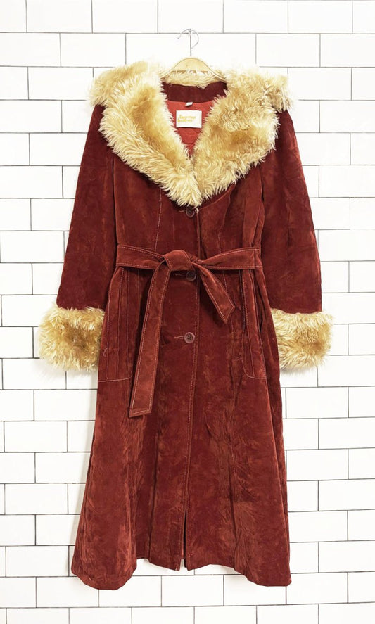 vintage 70s fingerhut fashion velvet penny lane coat | faux fur trim - good market thrift store
