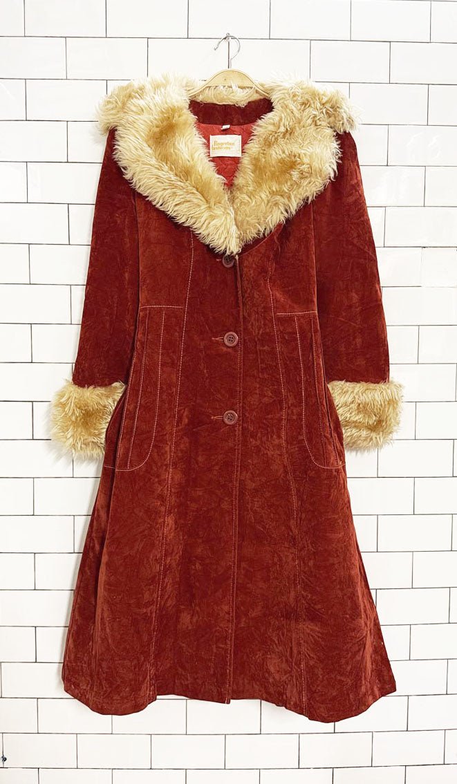 vintage 70s fingerhut fashion velvet penny lane coat | faux fur trim - good market thrift store