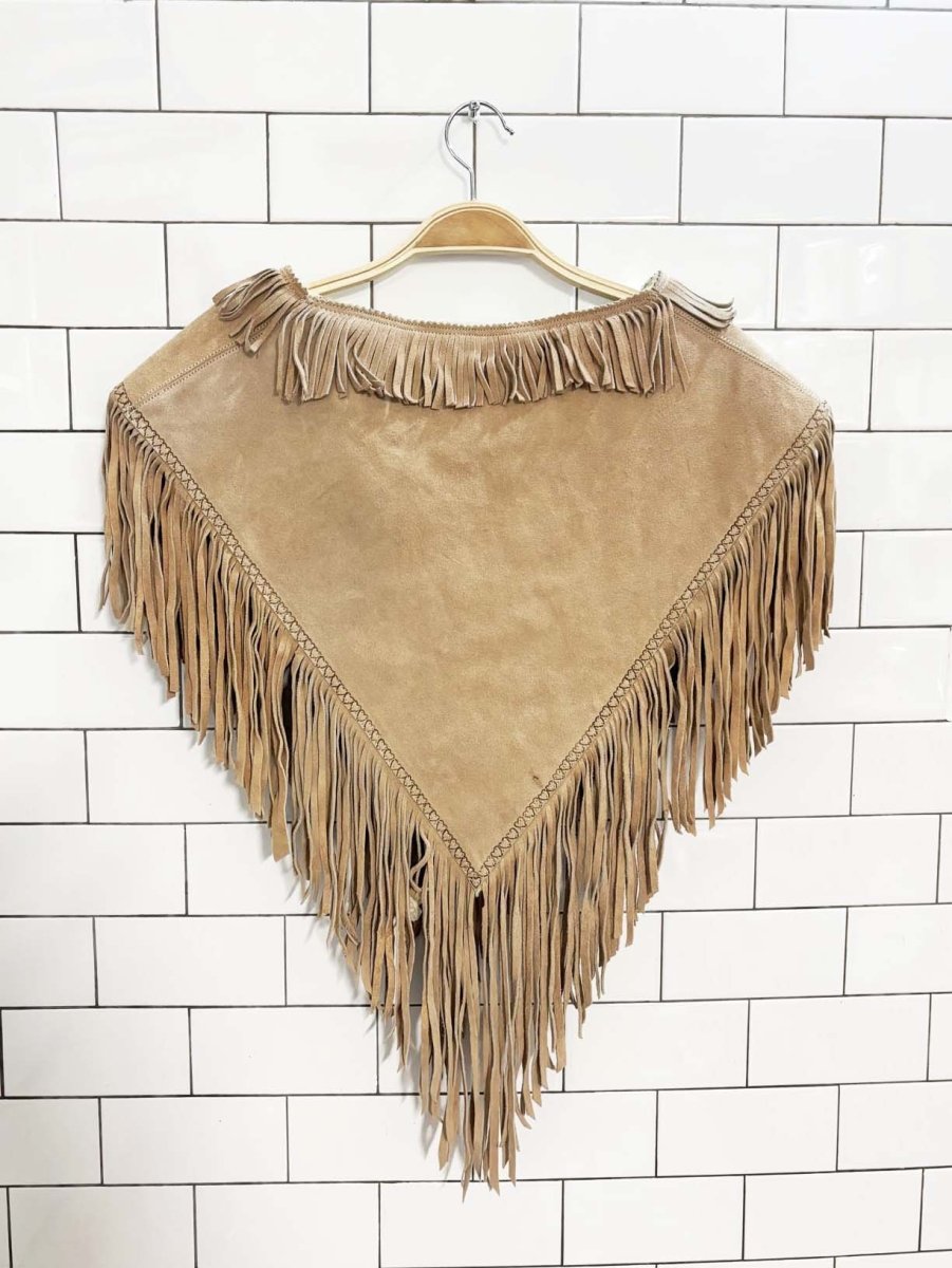 vintage 70s gaitan suede leather fringe sherpa - lined poncho | heart trim - good market thrift store