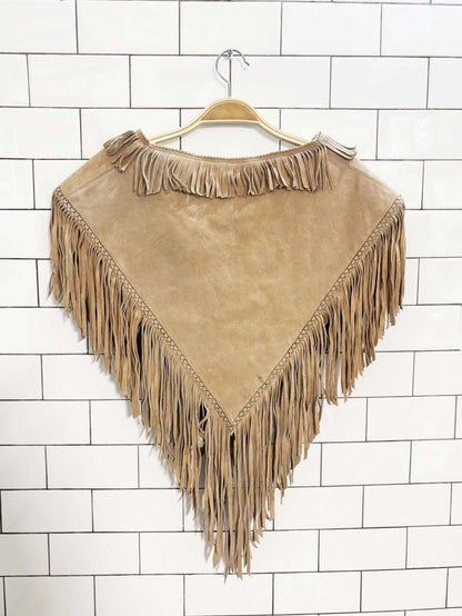 vintage 70s gaitan suede leather fringe sherpa - lined poncho | heart trim - good market thrift store
