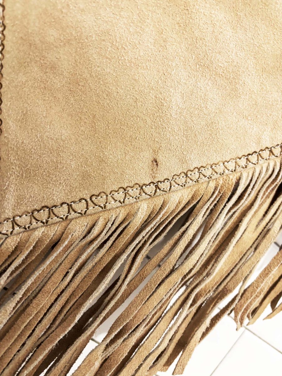 vintage 70s gaitan suede leather fringe sherpa - lined poncho | heart trim - good market thrift store