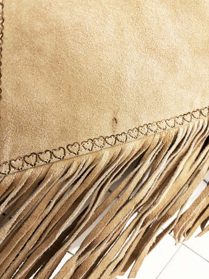vintage 70s gaitan suede leather fringe sherpa - lined poncho | heart trim - good market thrift store