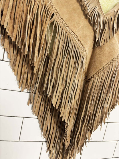 vintage 70s gaitan suede leather fringe sherpa - lined poncho | heart trim - good market thrift store