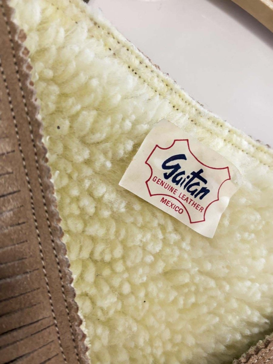 vintage 70s gaitan suede leather fringe sherpa - lined poncho | heart trim - good market thrift store