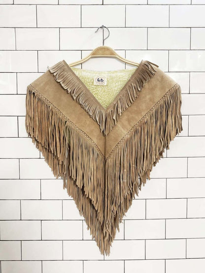 vintage 70s gaitan suede leather fringe sherpa - lined poncho | heart trim - good market thrift store