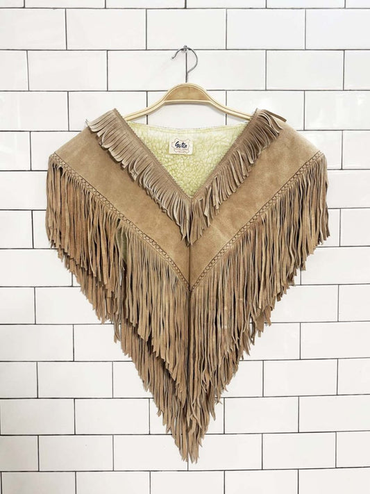 vintage 70s gaitan suede leather fringe sherpa - lined poncho | heart trim - good market thrift store
