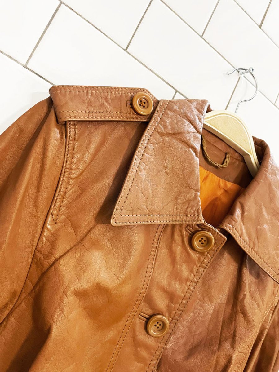 vintage 70s german leather classic belted trench coat - good market thrift store