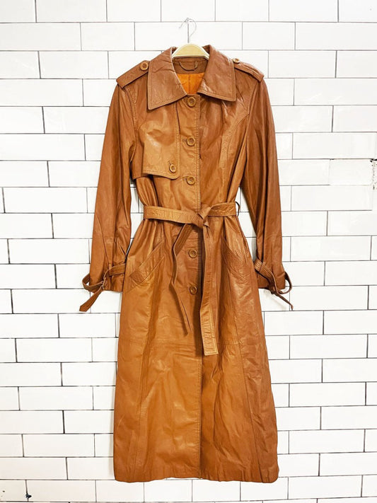 vintage 70s german leather classic belted trench coat - good market thrift store