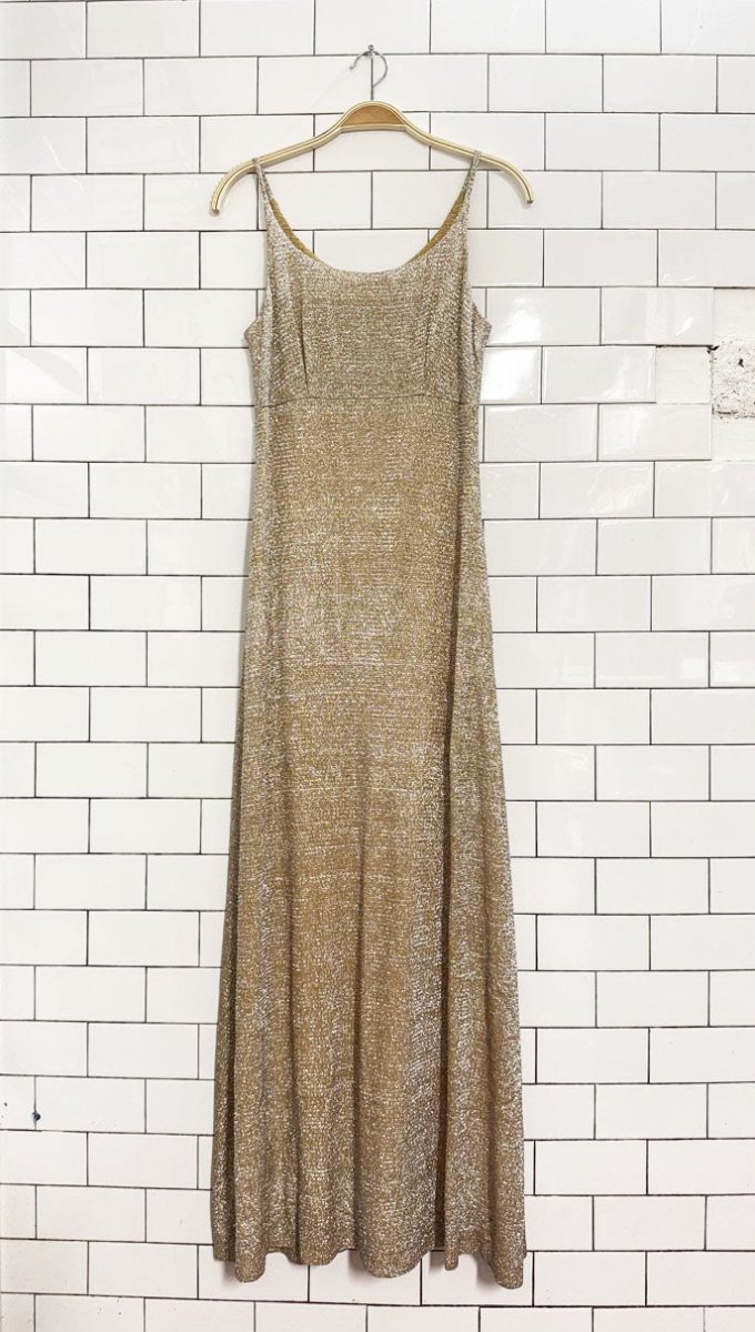 vintage 70s gold metallic knit gown | lightning zipper - good market thrift store
