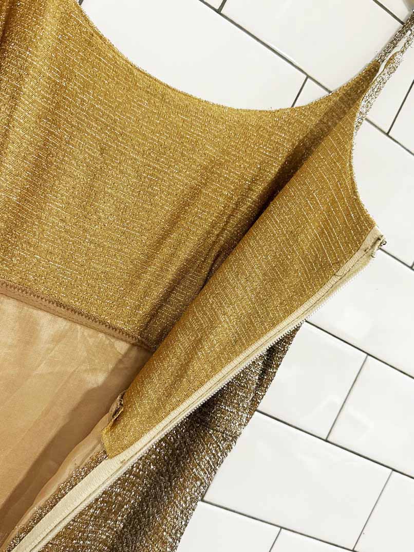 vintage 70s gold metallic knit gown | lightning zipper - good market thrift store