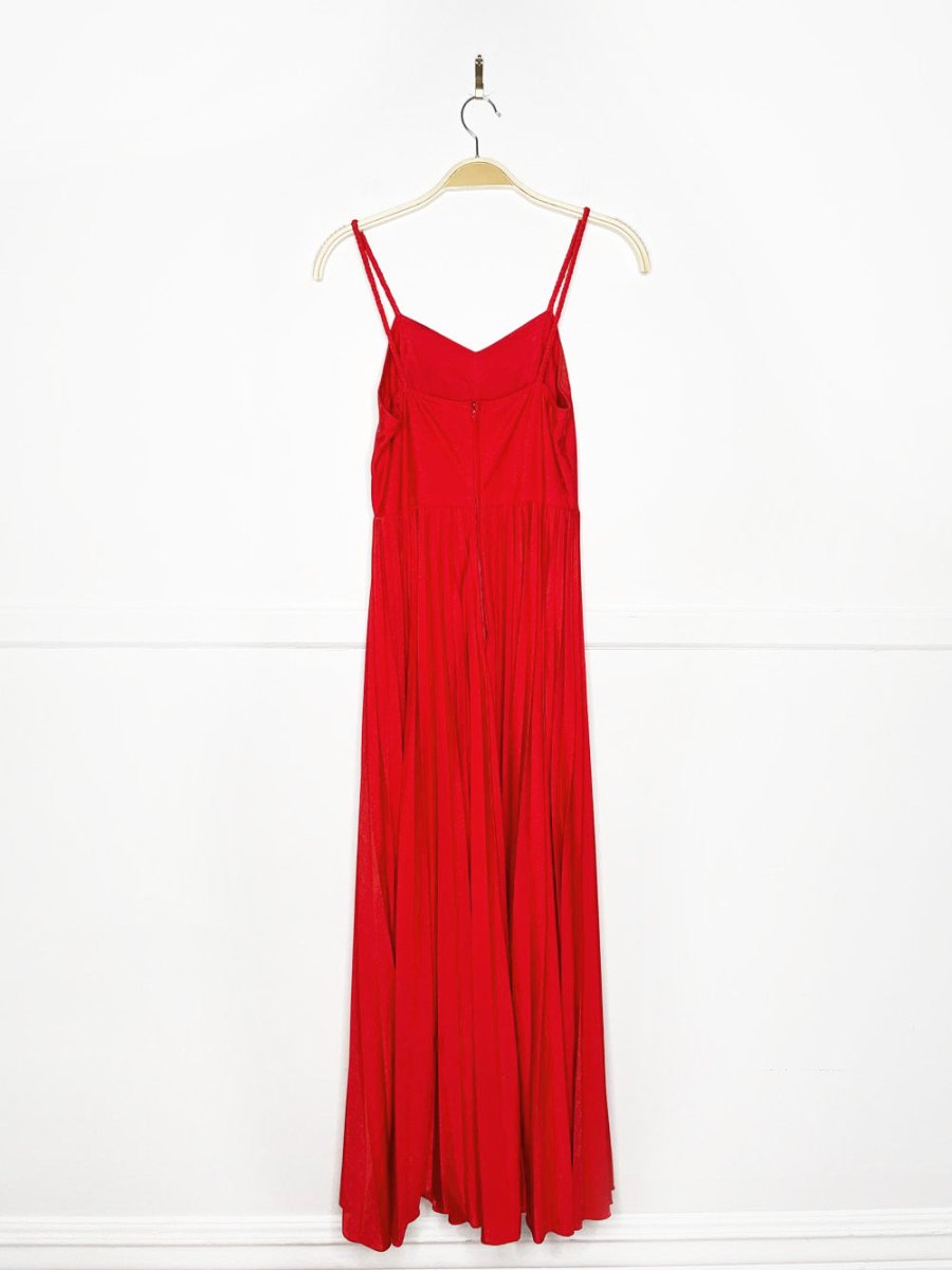 vintage 70s gold trim red pleated full skirt maxi dress | holiday gown - good market thrift store