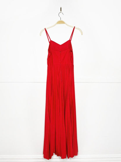 vintage 70s gold trim red pleated full skirt maxi dress | holiday gown - good market thrift store
