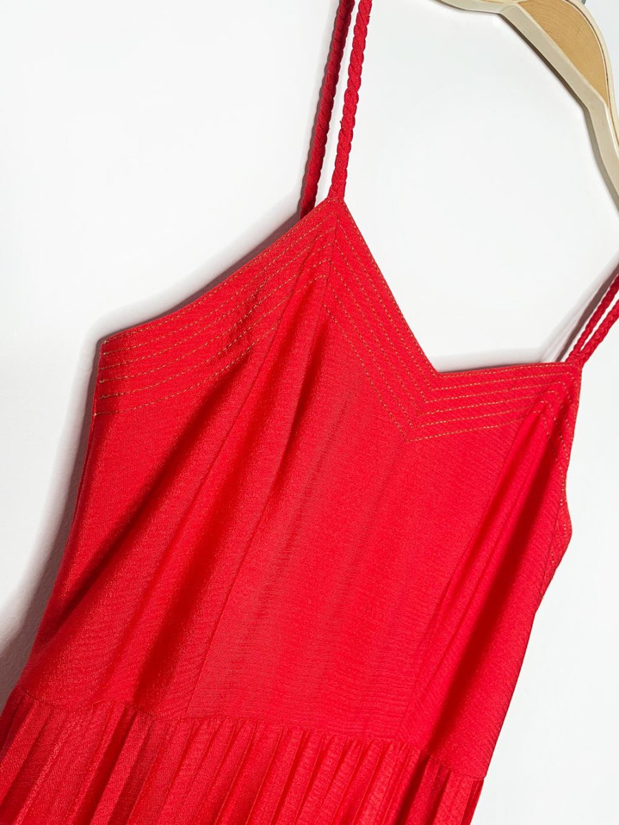 vintage 70s gold trim red pleated full skirt maxi dress | holiday gown - good market thrift store