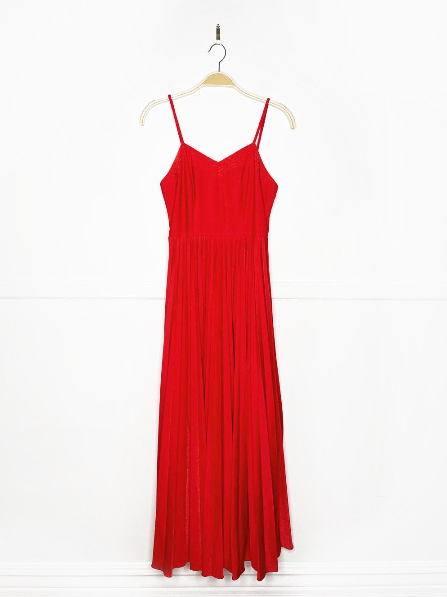 vintage 70s gold trim red pleated full skirt maxi dress | holiday gown - good market thrift store