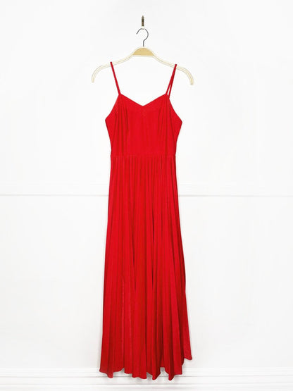 vintage 70s gold trim red pleated full skirt maxi dress | holiday gown - good market thrift store