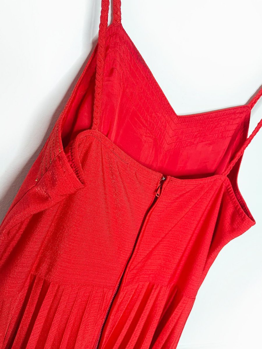 vintage 70s gold trim red pleated full skirt maxi dress | holiday gown - good market thrift store