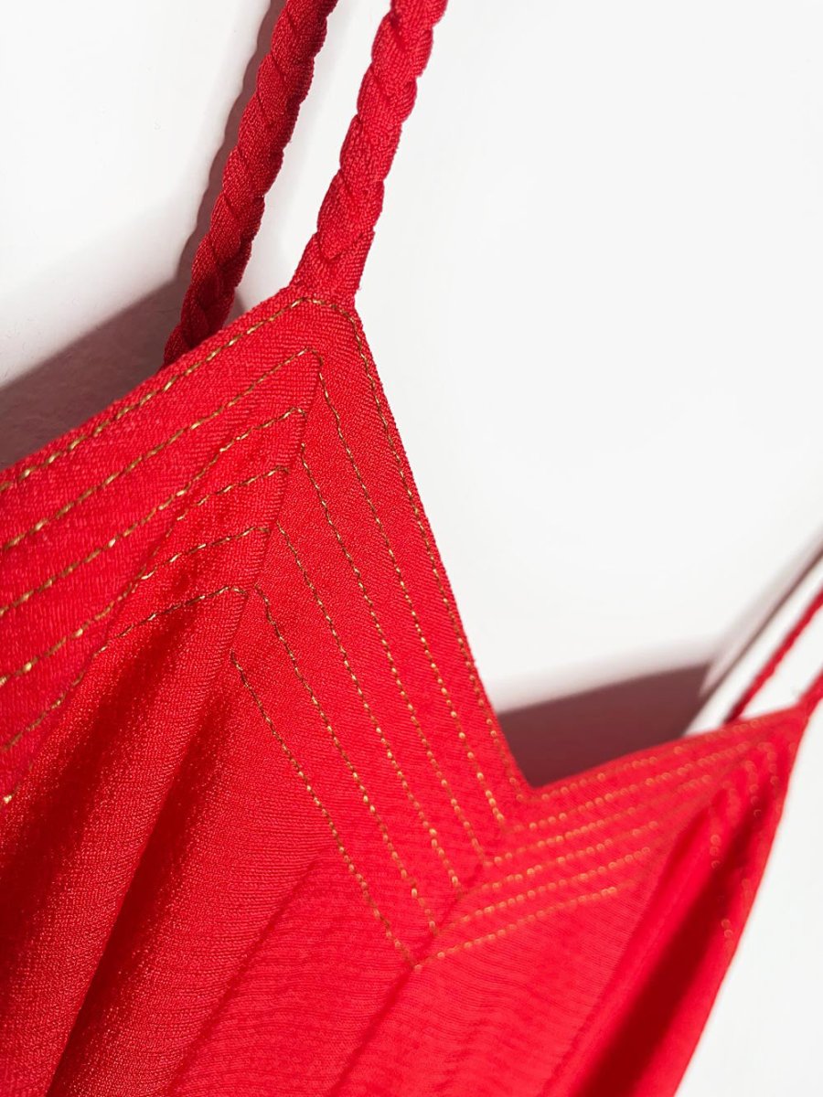 vintage 70s gold trim red pleated full skirt maxi dress | holiday gown - good market thrift store