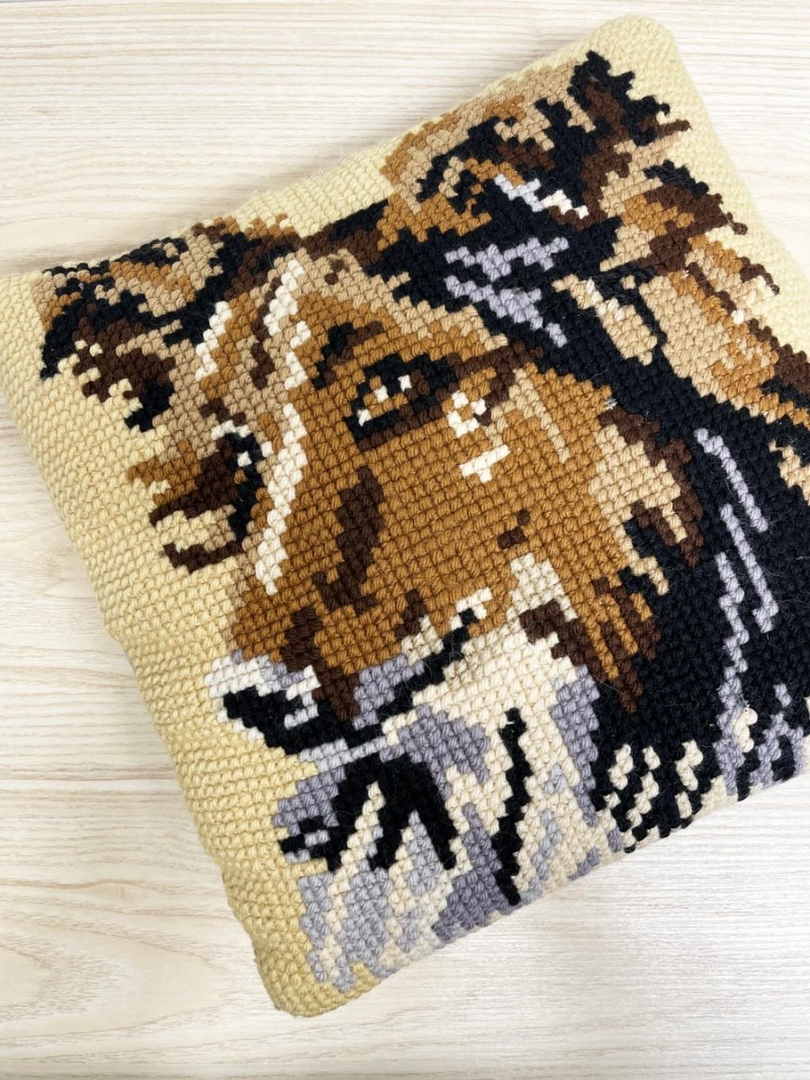 vintage 70s hand-hooked dog throw pillow - good market thrift store