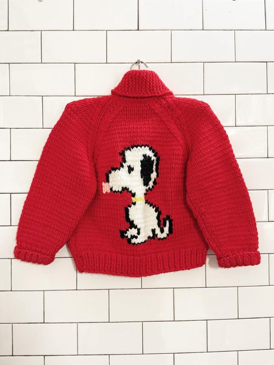 vintage 70s hand - knit snoopy kids cardigan - good market thrift store