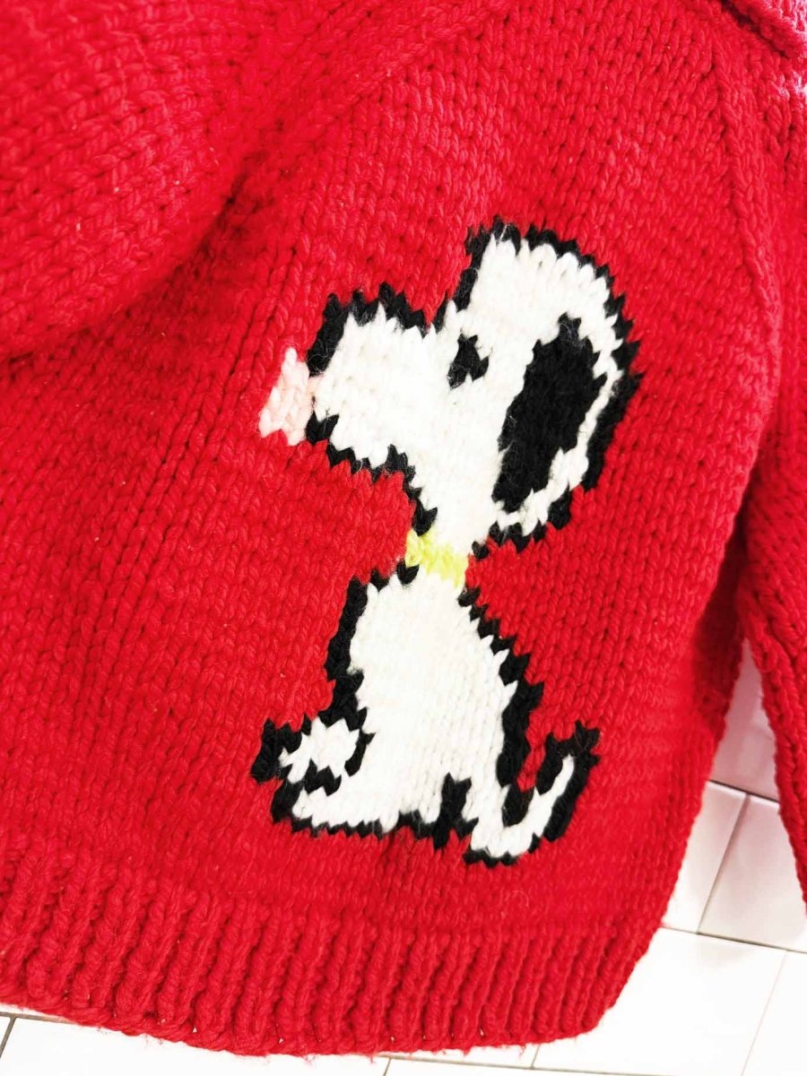 vintage 70s hand - knit snoopy kids cardigan - good market thrift store