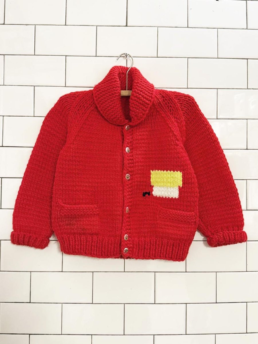 vintage 70s hand - knit snoopy kids cardigan - good market thrift store