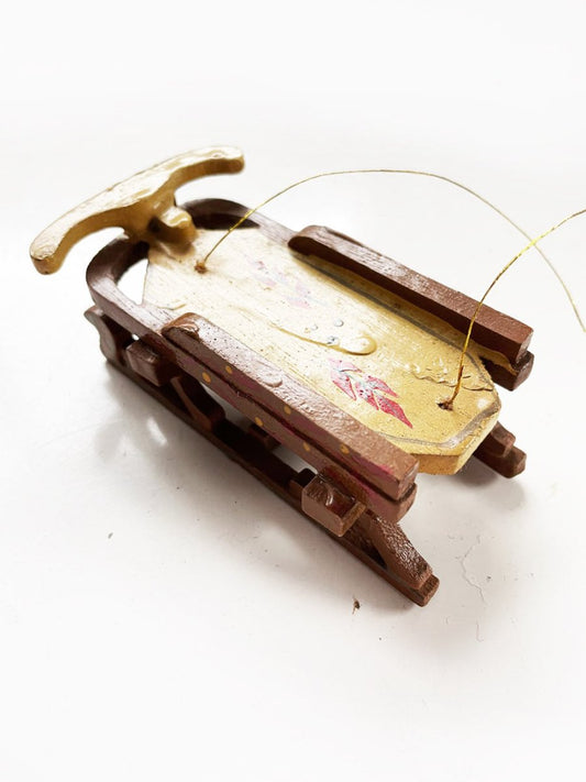 vintage 70s hand - painted wood sled ornament - good market thrift store