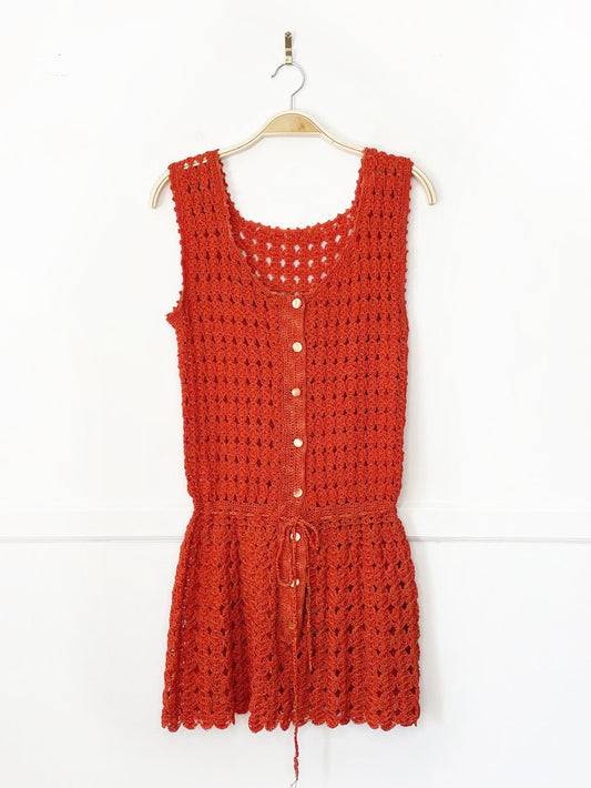 vintage 70s heavy crochet knit full button mini dress | cover up - good market thrift store