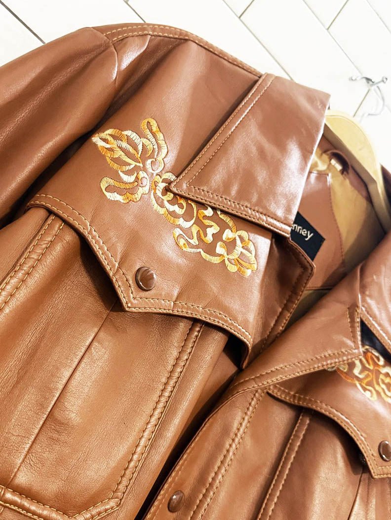 vintage 70s jcpenney boho western embroidered faux leather jacket - good market thrift store