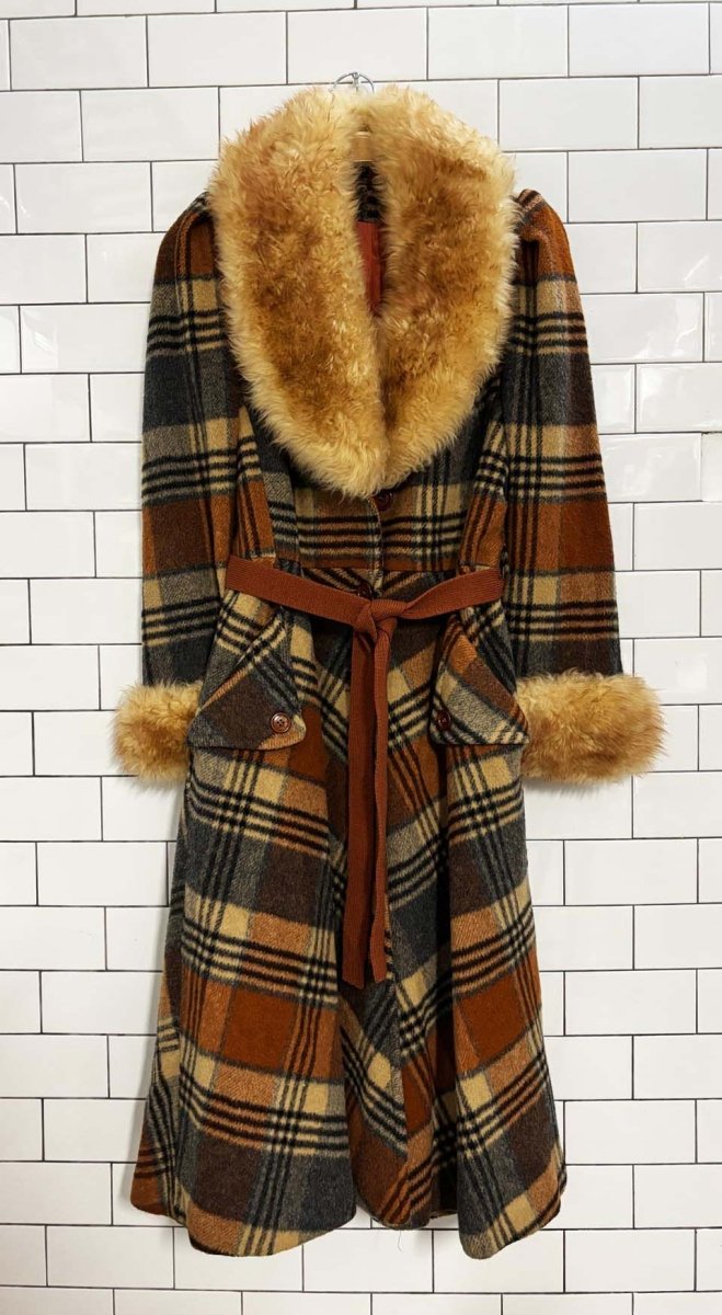 vintage 70s joefeld by guido sheepskin trim wool - plaid penny lane coat | made in usa - good market thrift store