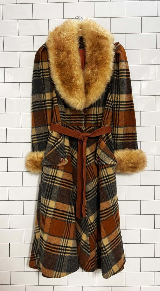 vintage 70s joefeld by guido sheepskin trim wool - plaid penny lane coat | made in usa - good market thrift store