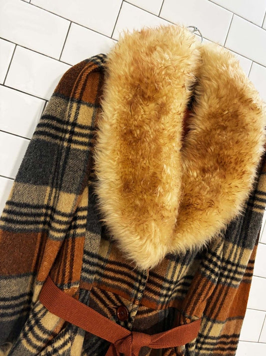 vintage 70s joefeld by guido sheepskin trim wool - plaid penny lane coat | made in usa - good market thrift store