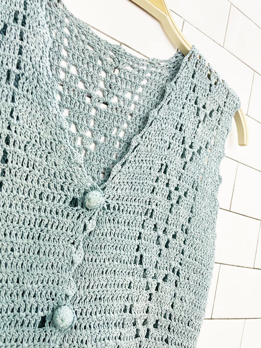 vintage 70s linen crochet knit rosette sleeveless cover up vest top - good market thrift store