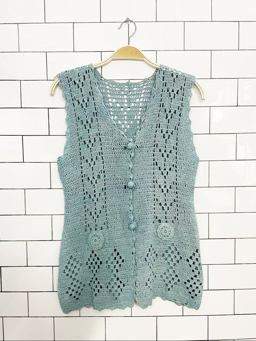 vintage 70s linen crochet knit rosette sleeveless cover up vest top - good market thrift store