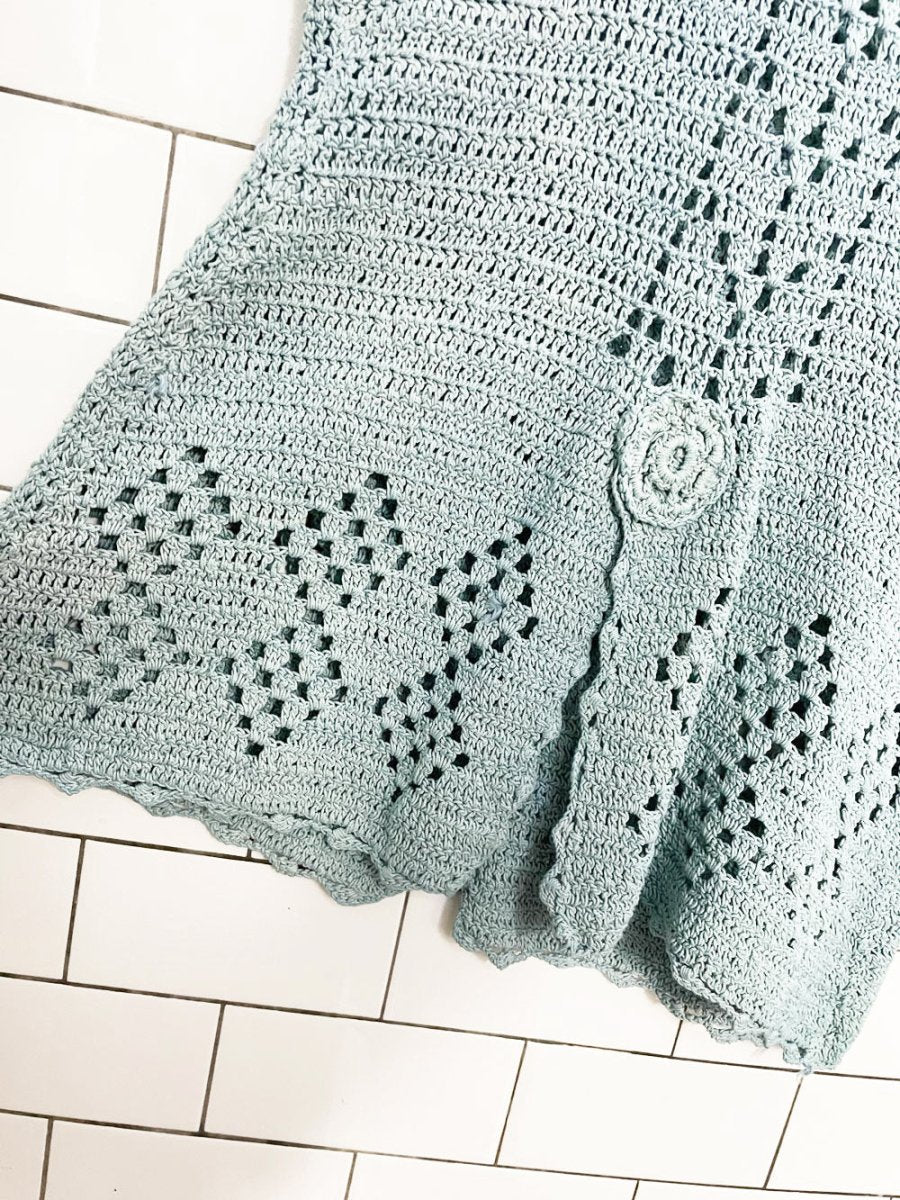 vintage 70s linen crochet knit rosette sleeveless cover up vest top - good market thrift store