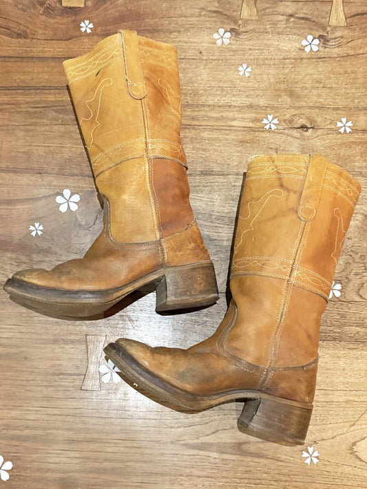 vintage 70s longhorn stitch tall leather cowboy boots - good market thrift store