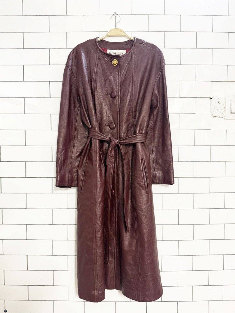 vintage 70s LS good & co. leather gold button belted long jacket - good market thrift store