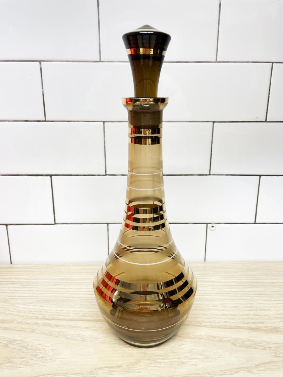 vintage 70s mcm gold striped amber glass decanter - good market thrift store