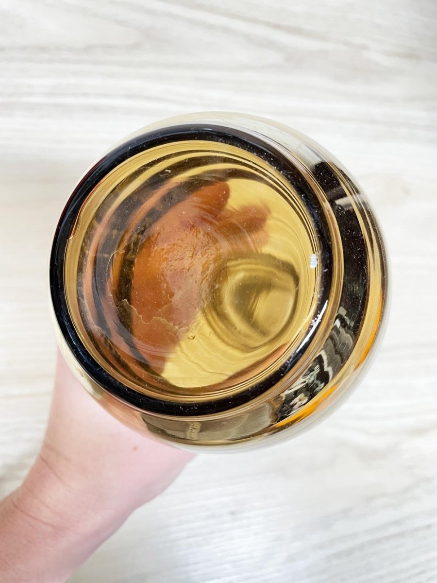 vintage 70s mcm gold striped amber glass decanter - good market thrift store