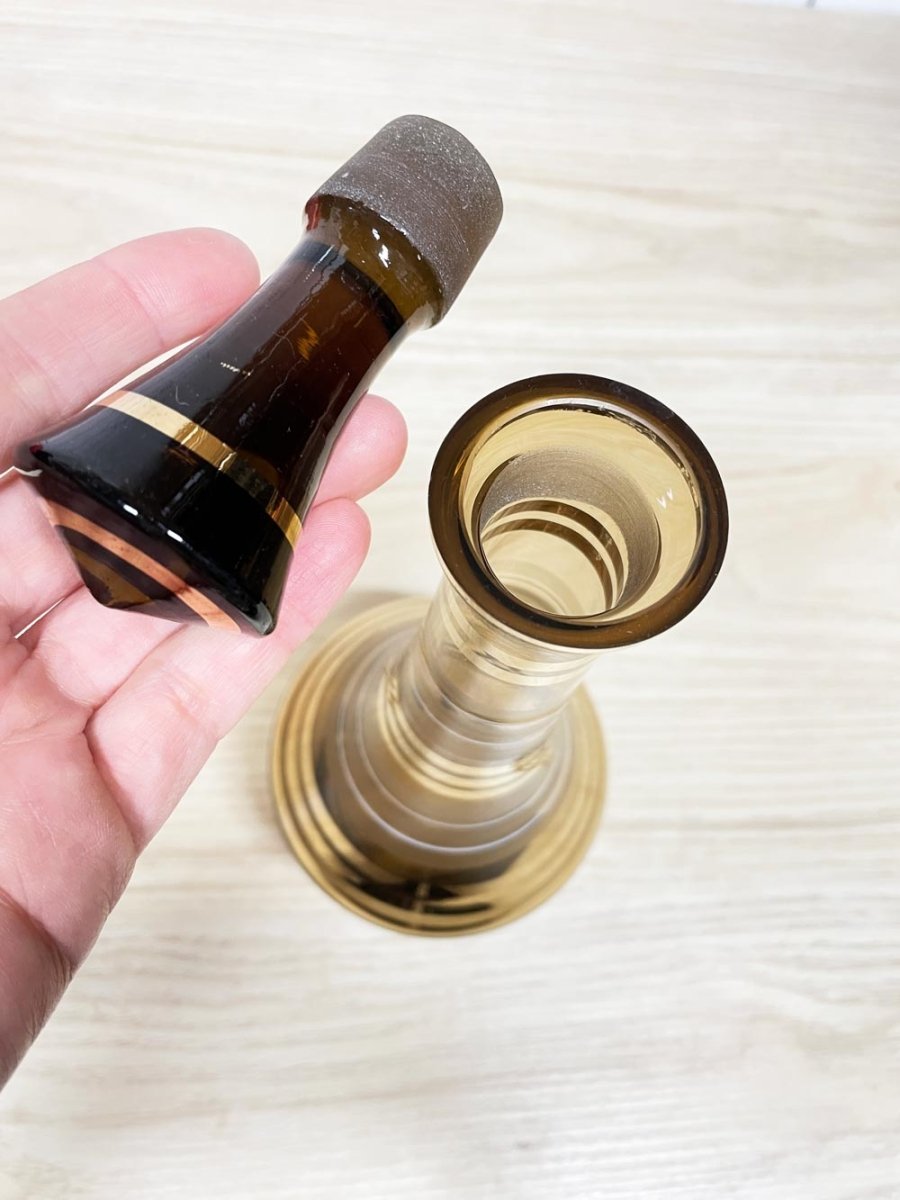 vintage 70s mcm gold striped amber glass decanter - good market thrift store