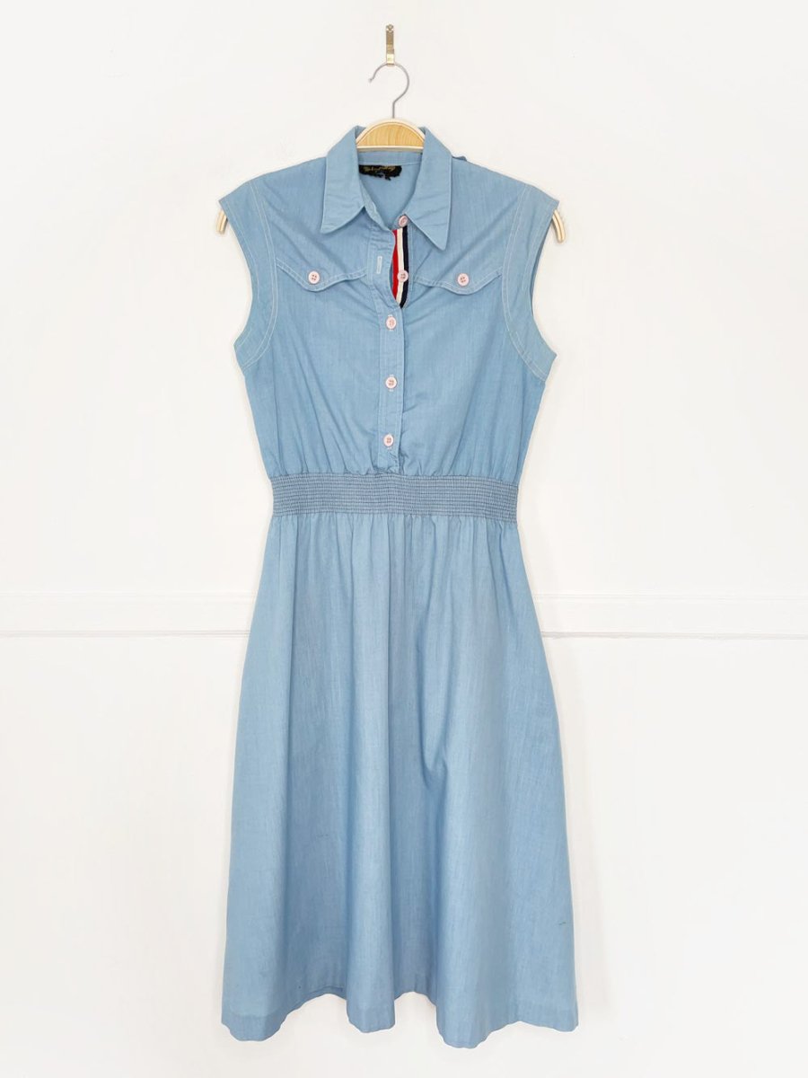 vintage 70s michael phillip 1/2 button sleeveless midi shirt dress - good market thrift store