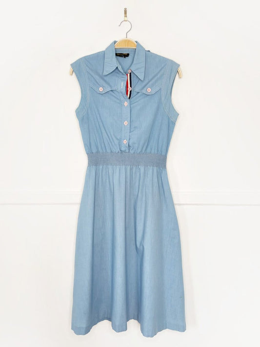 vintage 70s michael phillip 1/2 button sleeveless midi shirt dress - good market thrift store