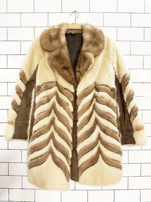 vintage 70s mink fur + lamb suede chevron two - tone jacket - good market thrift store