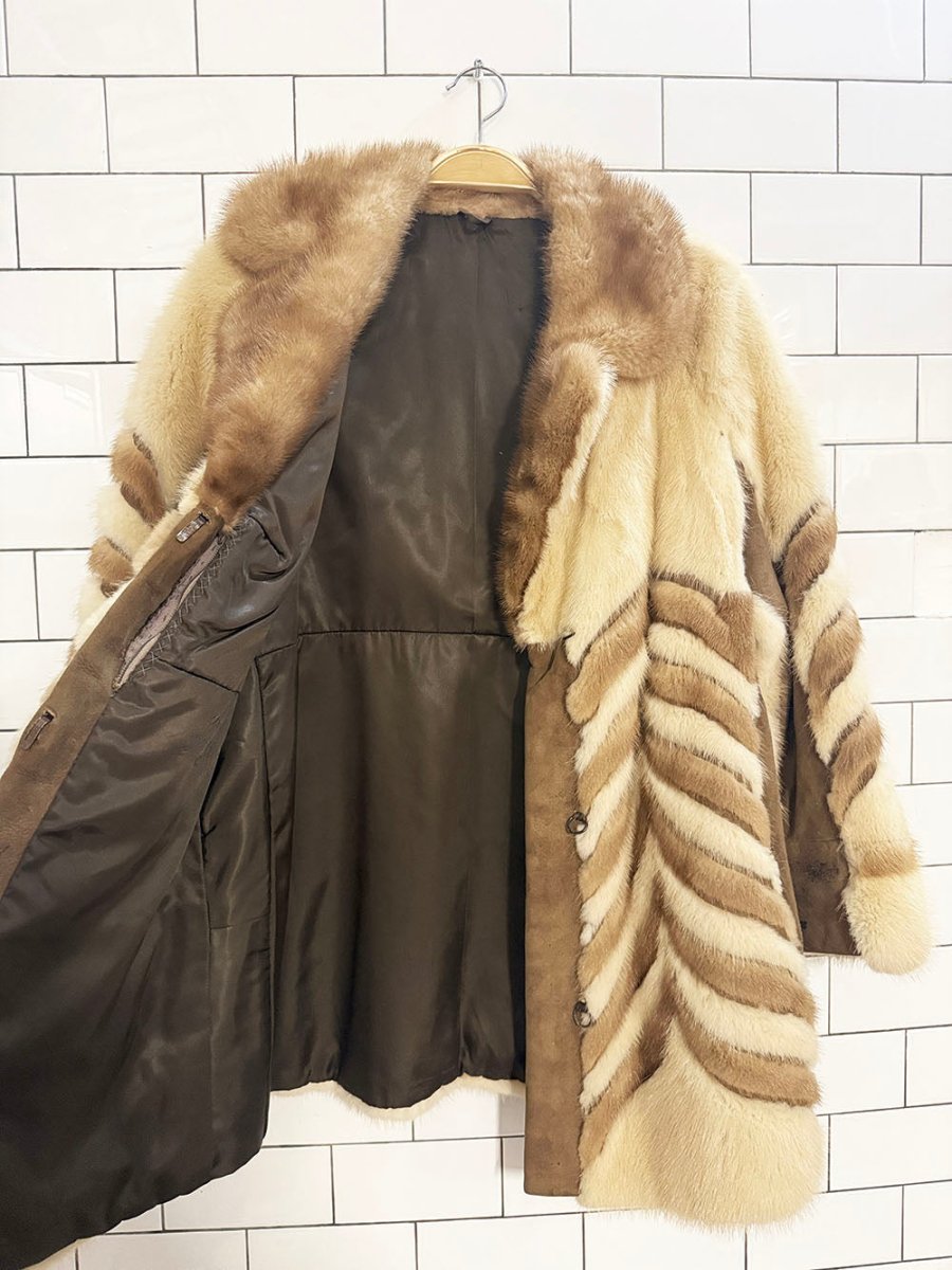 vintage 70s mink fur + lamb suede chevron two - tone jacket - good market thrift store