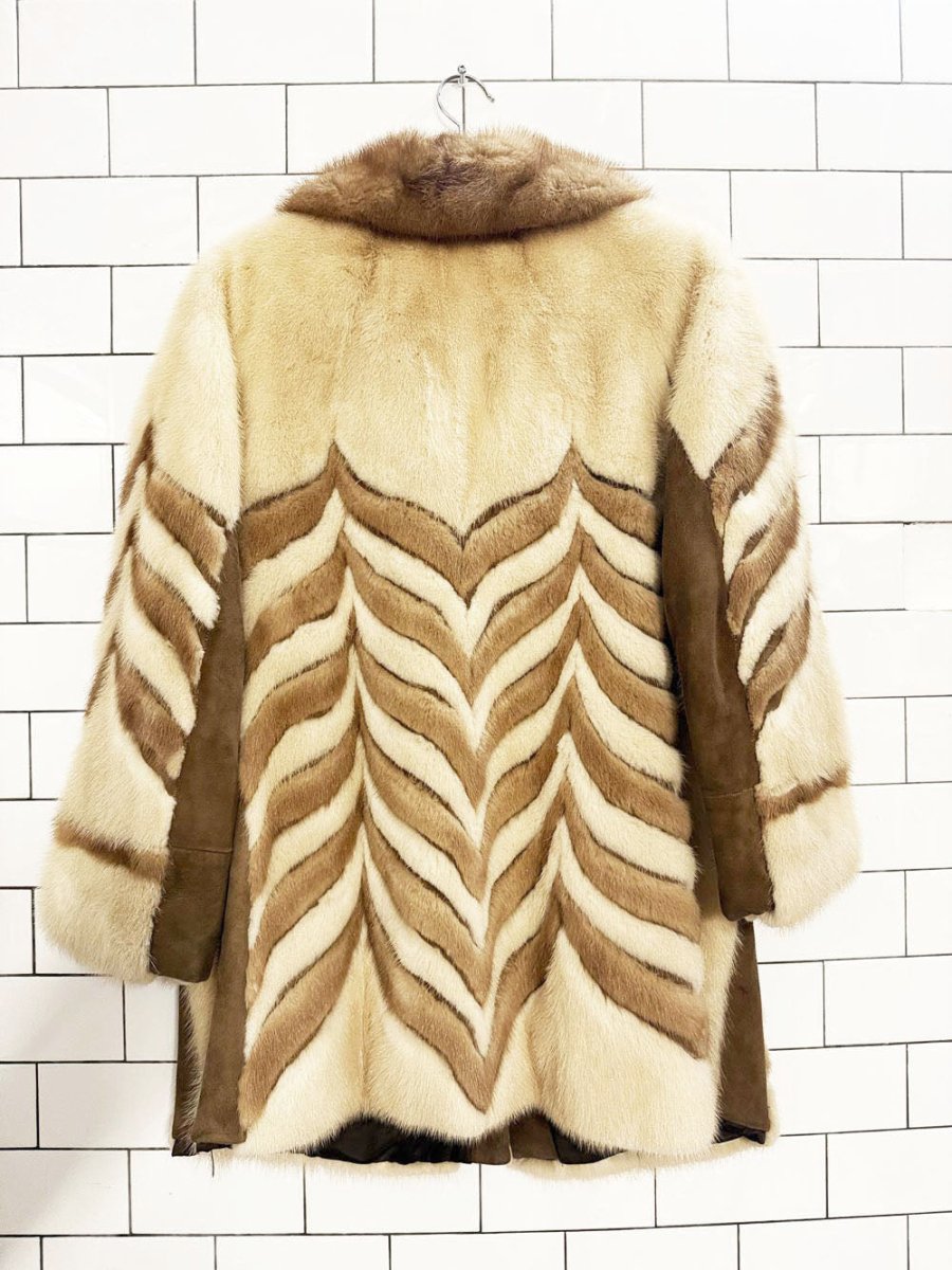 vintage 70s mink fur + lamb suede chevron two - tone jacket - good market thrift store