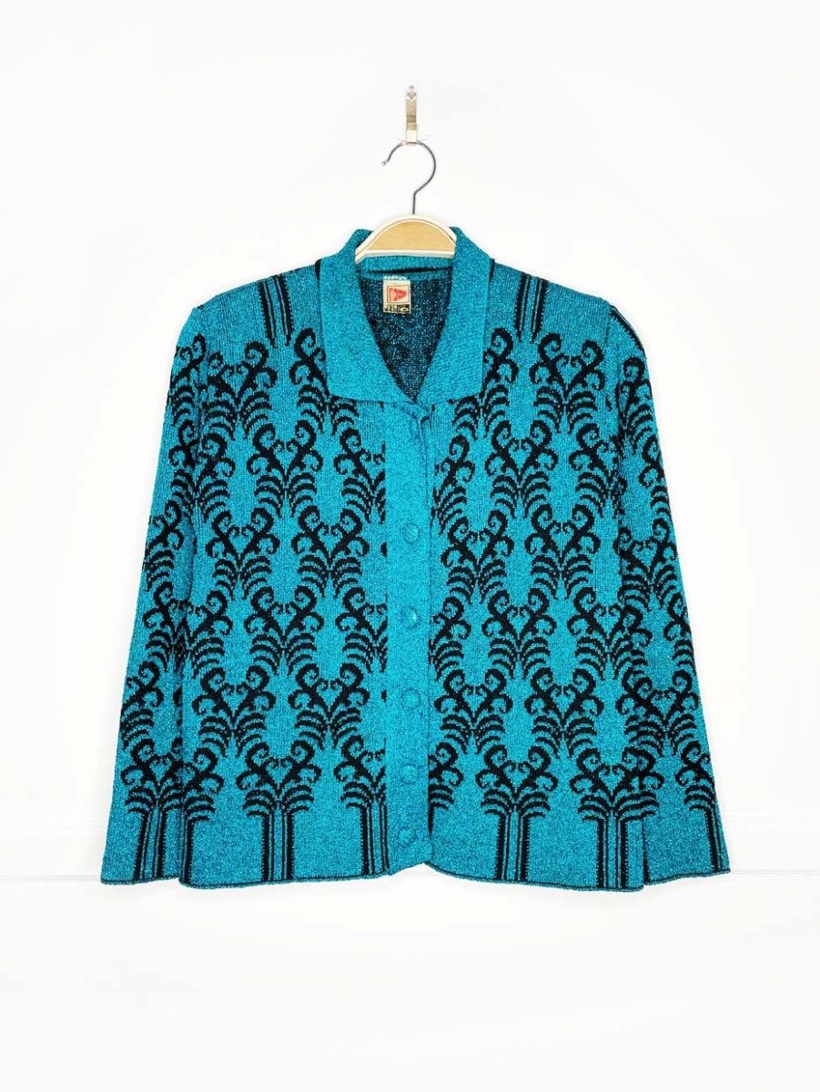 vintage 70s monsanto blue metallic knit cardigan | made in UK - good market thrift store