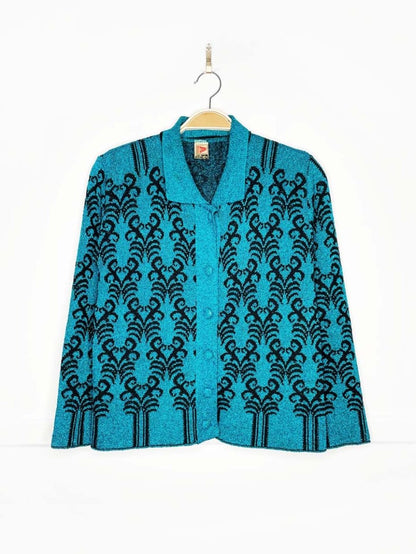 vintage 70s monsanto blue metallic knit cardigan | made in UK - good market thrift store