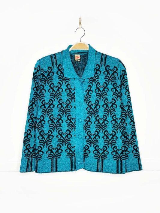 vintage 70s monsanto blue metallic knit cardigan | made in UK - good market thrift store