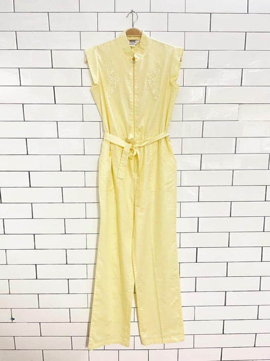 vintage 70s montgomery ward butter yellow belted resort jumpsuit - good market thrift store