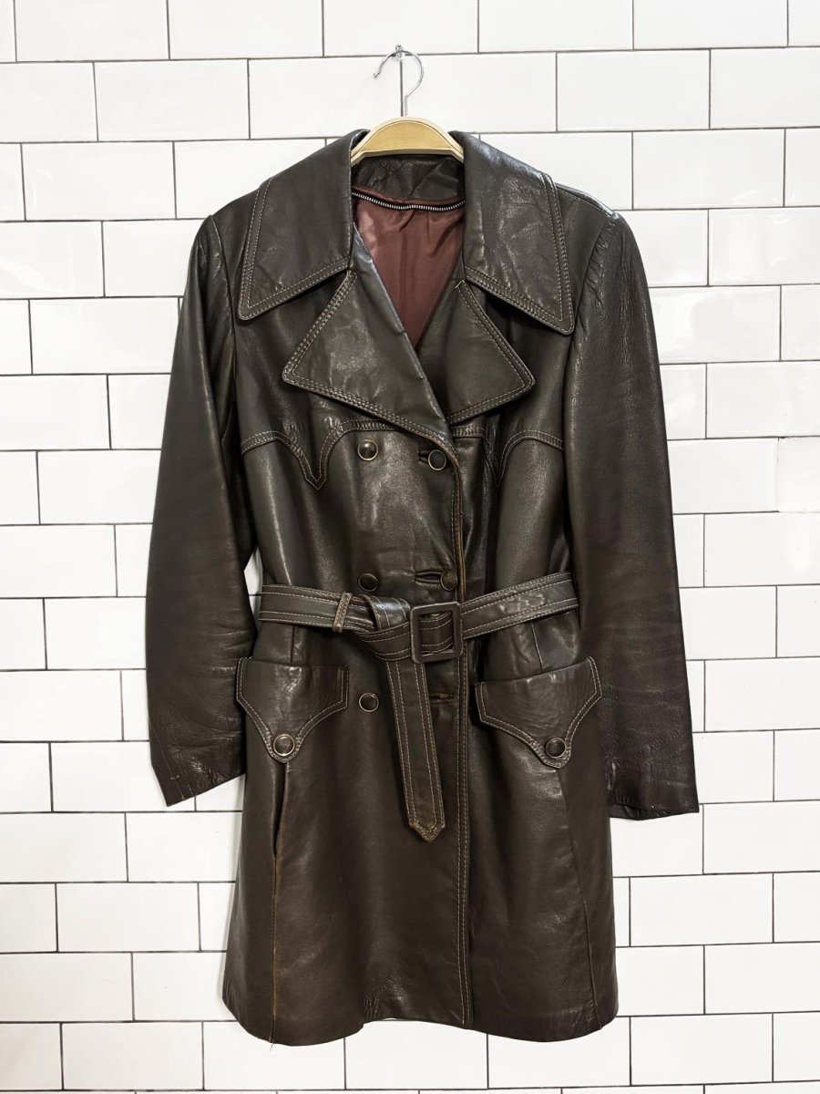 vintage 70s olympic leather western belted trench coat - good market thrift store